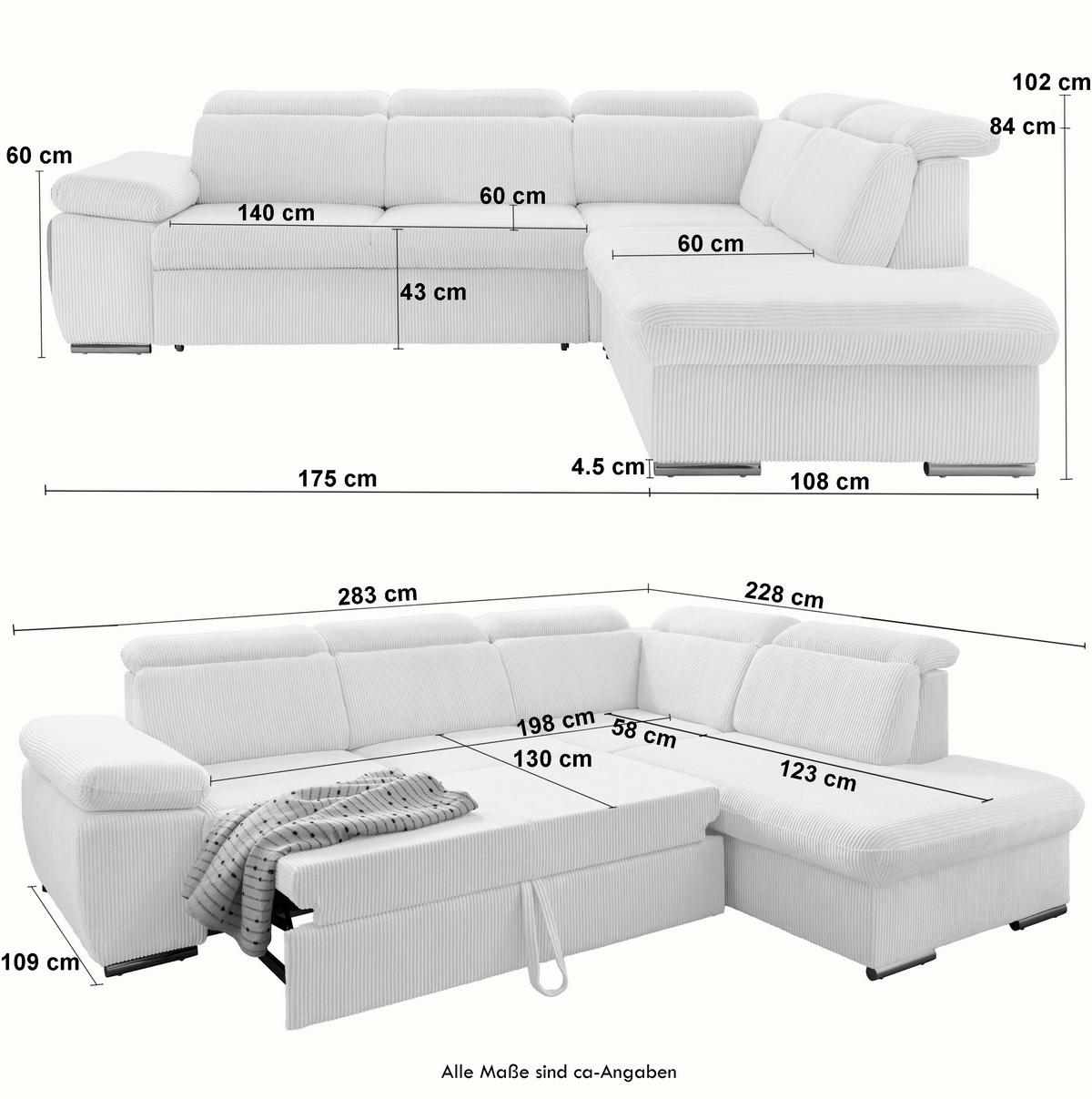ECKSOFA mit Schlaffunktion, Bettkasten, Kopfstützen verstellbar, Wellenunterfederung, Ottomane rechts B283/T228/H102 cm, Cord Dunkelgrau / 17217 - Chromfarben/Dunkelgrau, Textil/Metall (283/228cm) - luma-home
