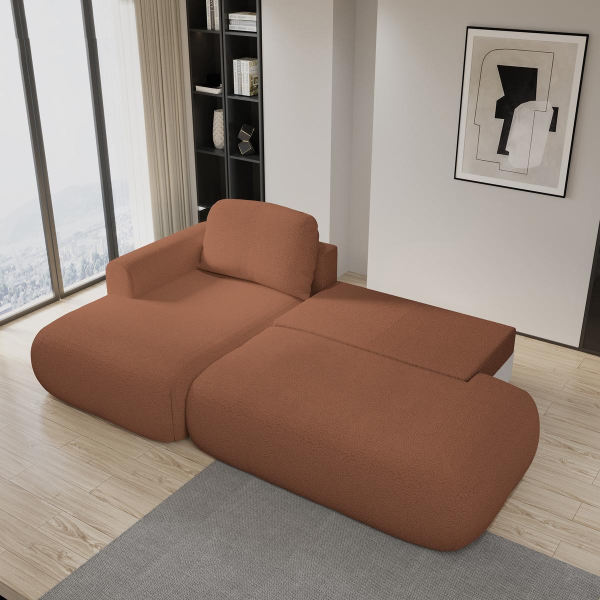 ECKSOFA NUVIRA L-S Kupferfarben Boucle-Stoff mit Schlaffunktion - Kupferfarben, Holz (279/158cm) - MASSENO