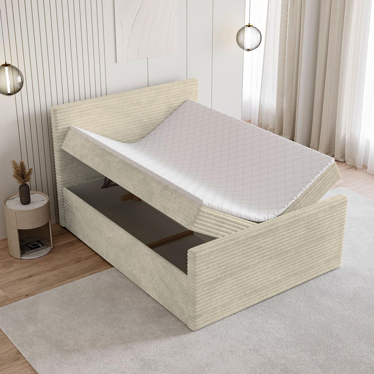 BOXBETT NOLEN 140x200 cm mit Matratze und Topper - Creme - Creme, Holz (140/200cm) - MASSENO