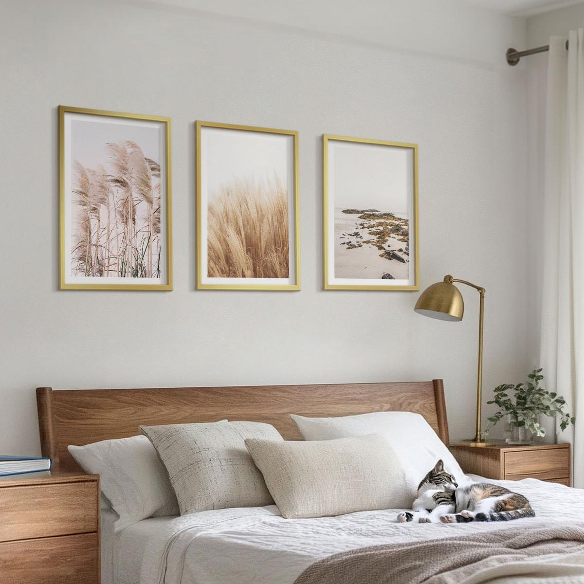 BILDER SET 3er Set - 40x60 cm Goldrahmen - Pampasgrasfelder und ein Boho-Strand - Goldfarben, Kunststoff (40/60cm) - TULUP