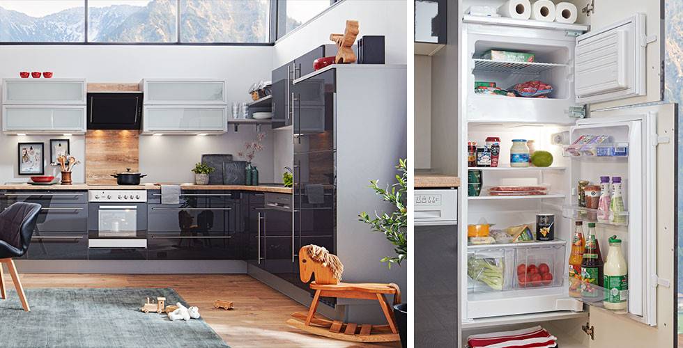 Edler Kühlschrank und Küche in Dunkelgrau