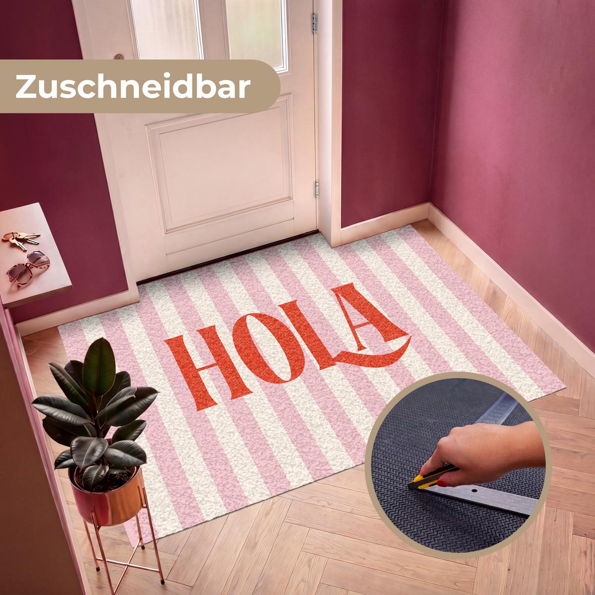 FUSSMATTE Hola - Zitat - Streifen - Pastell - Rosa - Rot - Weiß Schmutzfangmatte 180x120 cm - Rosa, Kunststoff (180/0.4cm) - MuchoWow