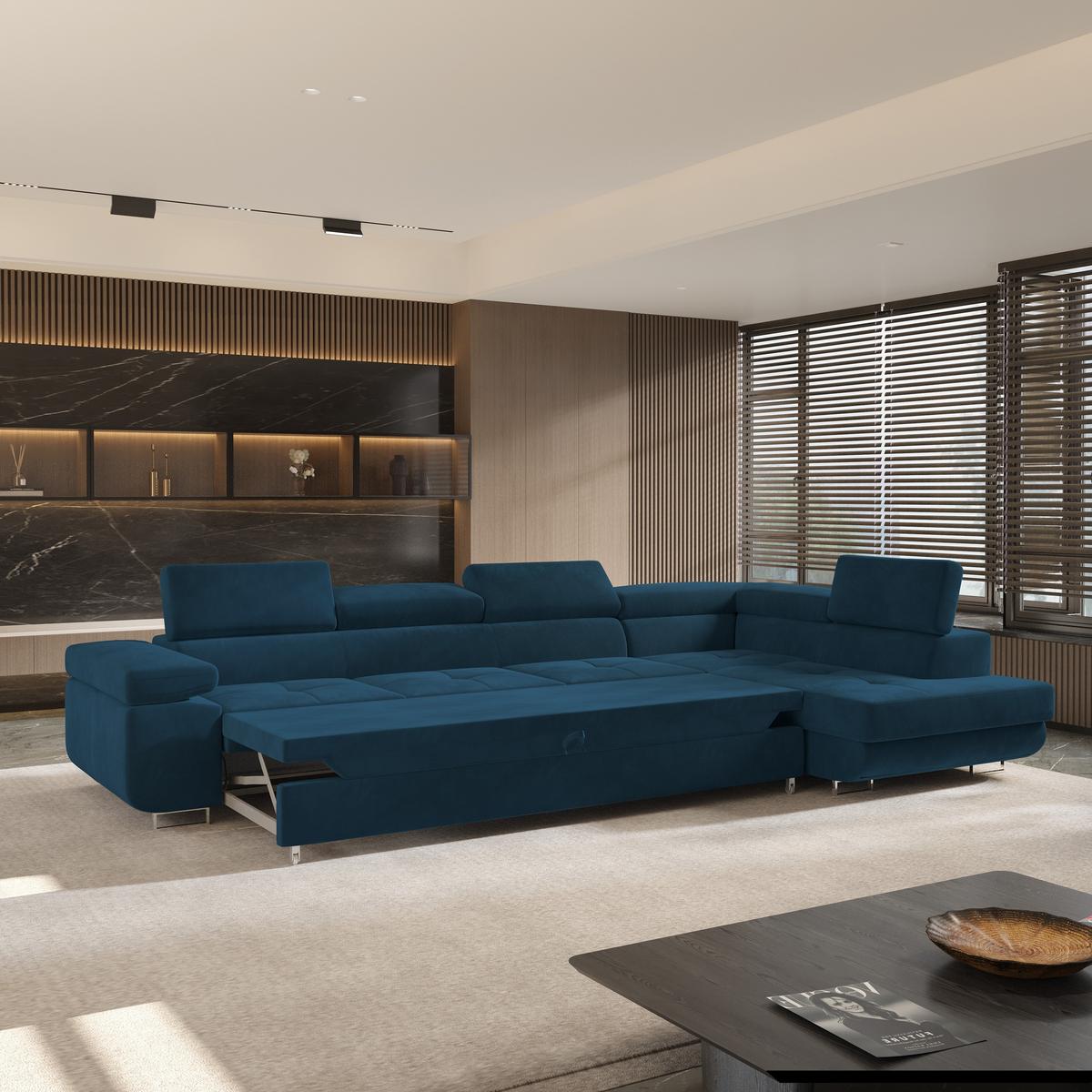 ECKSOFA VICENTE Blau Velours-Stoff mit Schlaffunktion - Blau, Holz (346/202cm) - MASSENO