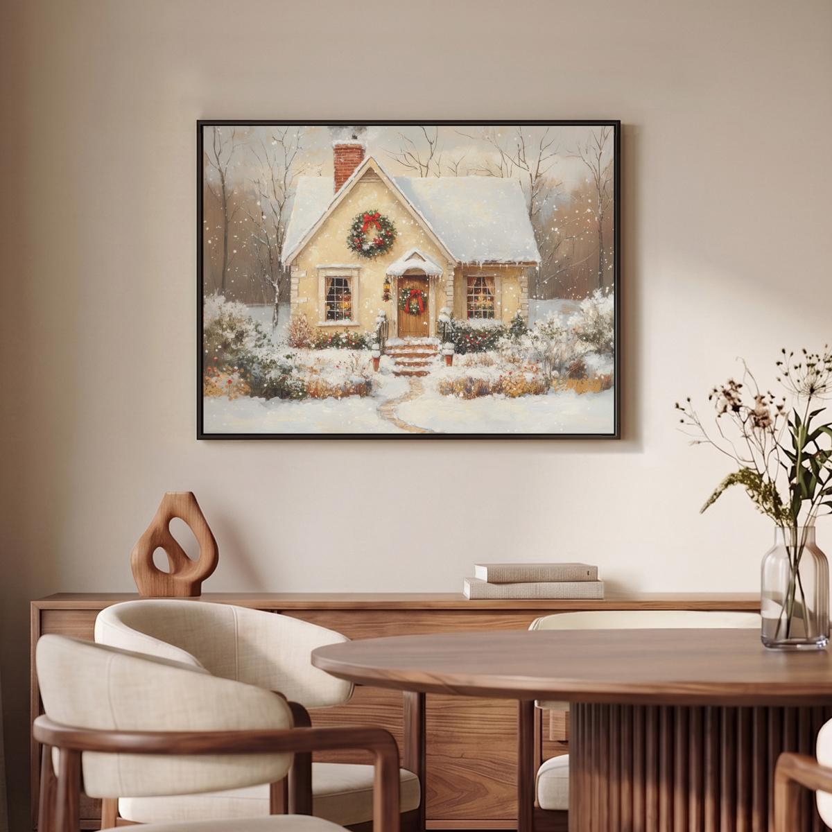 LEINWAND Bilder mit Rahmen - Weihnachten - Zuhause - Winter - Schnee - 80x60 - Creme, Textil (80/60cm) - MuchoWow