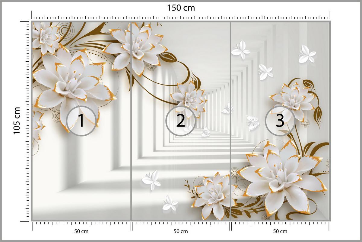 FOTOTAPETE für Wohnzimmer Abstrakter Blumen Tunnel Schmetterlinge 150x105 - Beige/Orange, Papier (150/105cm) - Muralo