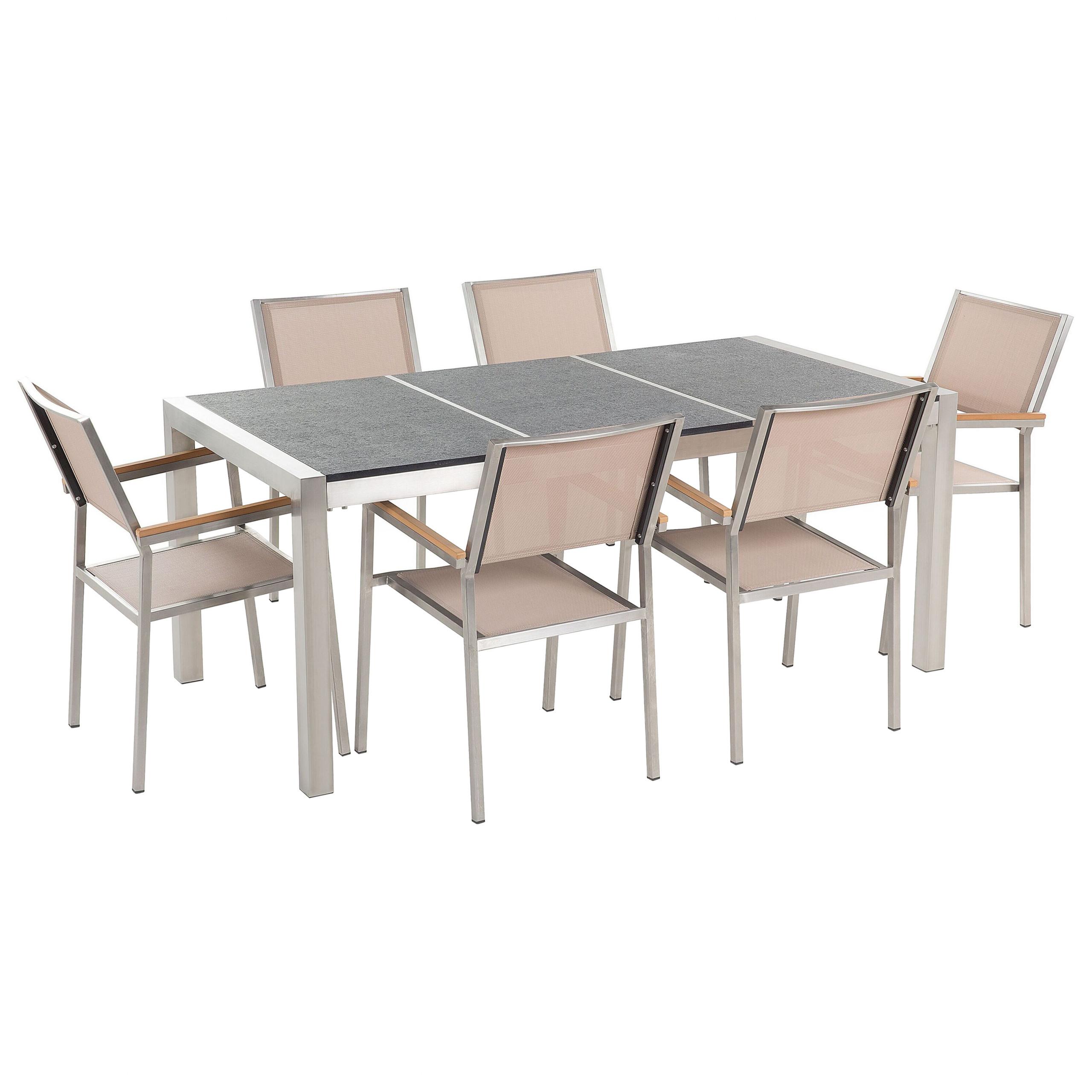 GARTENMÖBEL SET 6-Sitzer Naturstein schwarz geflammt beige Grosseto - Beige/Silberfarben, Metall - Beliani