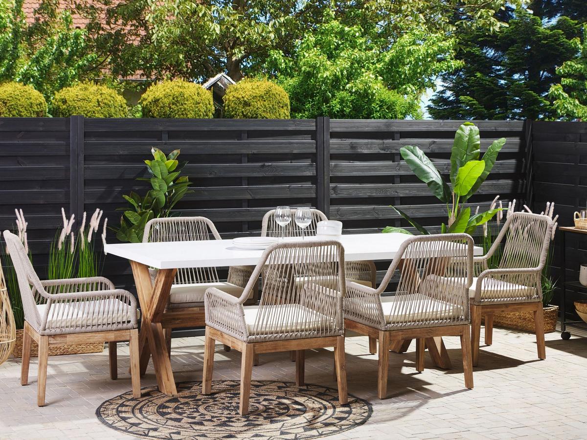 GARTENMÖBEL SET 6-Sitzer Faserzement 200/100 cm weiß/beige Olbia - Hellbraun/Beige, Stein - Beliani