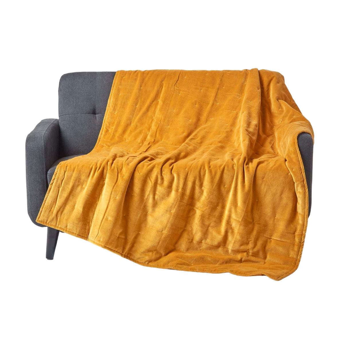SAMT-KUSCHELDECKE 150/200 cm, Baumwolle wattiert - Dunkelgelb, Textil (150/200cm) - Homescapes
