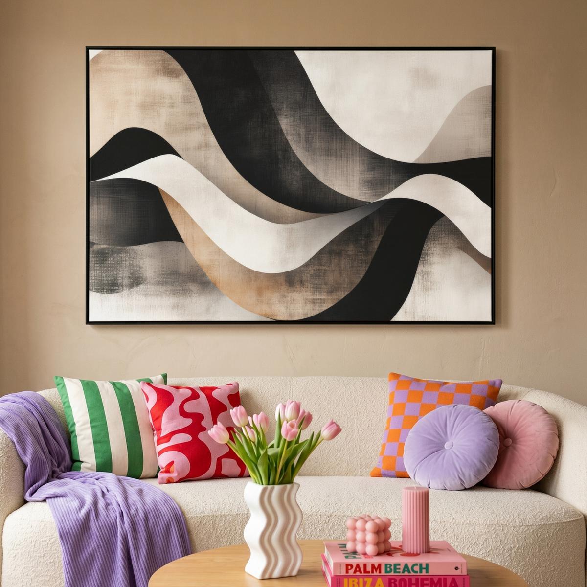 LEINWAND Bilder mit Rahmen - Abstrakt - Wellen - Schwarz - Verwittert - 150x100 - Trüffeleichefarben, Textil (150/100cm) - MuchoWow