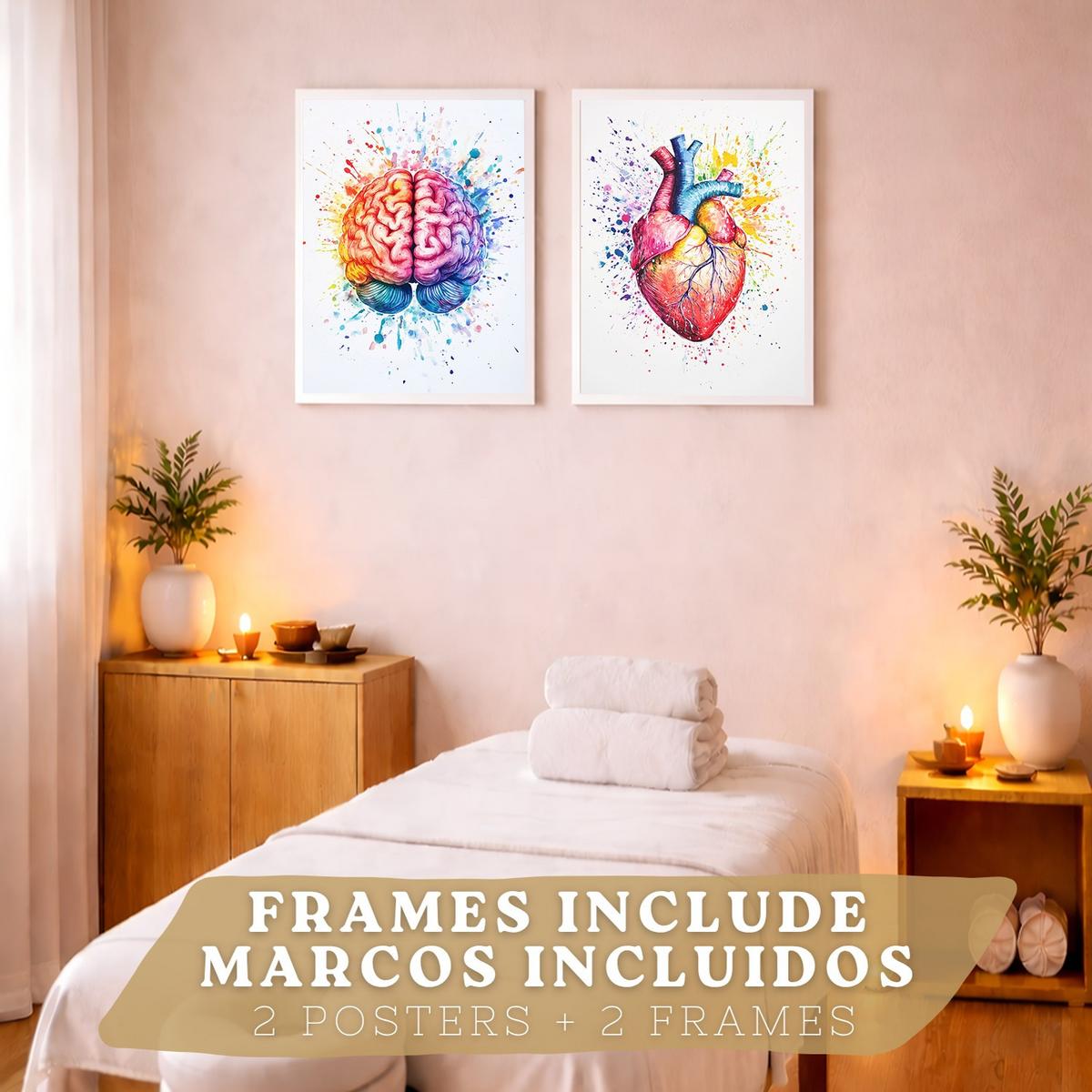 POSTER Set aus 2 Anatomie Drucke und Wandbilder mit Gehirn und Herz Künstlerische Mehrfarbig Aquarell Illustration Größe Weißer Rahmen A3 - Weiß, Papier (29.7/42/3cm) - Nacnic