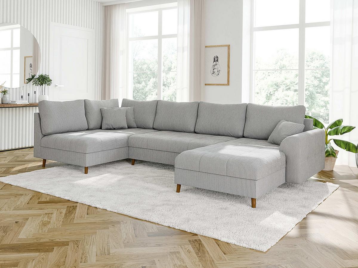 WOHNLANDSCHAFT Alma Hellgrau Cord - Ottomane rechts - Hellgrau/Braun, Holz/Textil (310/81/161cm) - S-Style Möbel