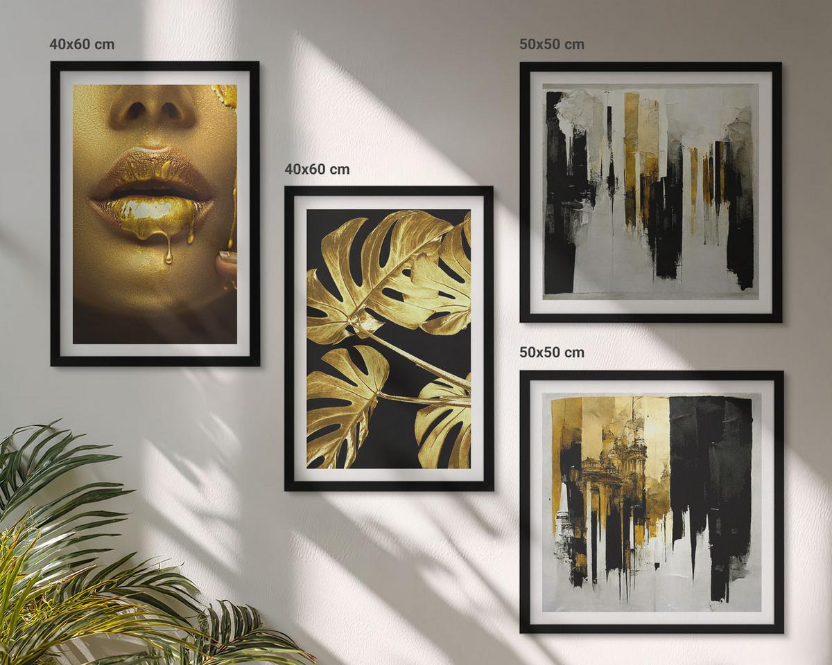 BILDER SET 4er Set - 50x50 cm & 40x60 cm Schwarzer Rahmen - Abstrakte Blattmalerei - Schwarz, Kunststoff (50/50cm) - TULUP