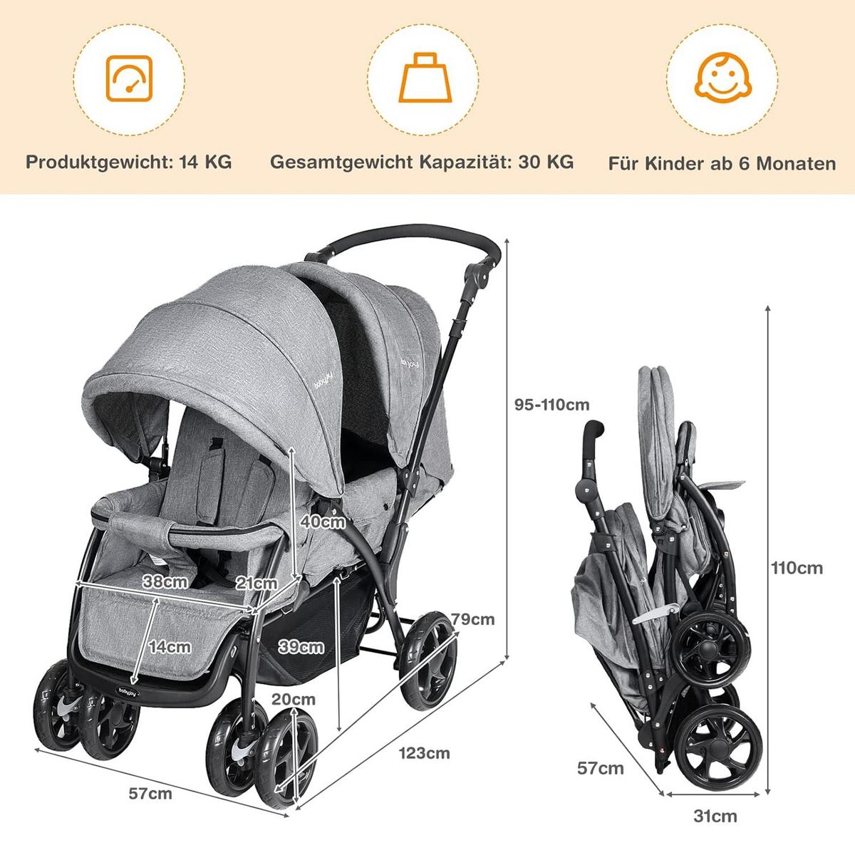 GESCHWISTERWAGEN Grau - Grau, Metall (49/98.5/30cm) - COSTWAY