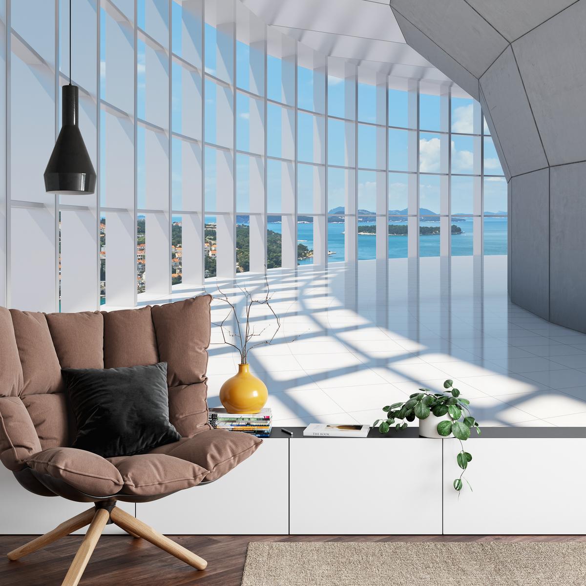 FOTOTAPETE für Wohnzimmer Räumlicher Tunnel mit Meerblick 450x315 - Blau/Beige, Papier (450/315cm) - Muralo