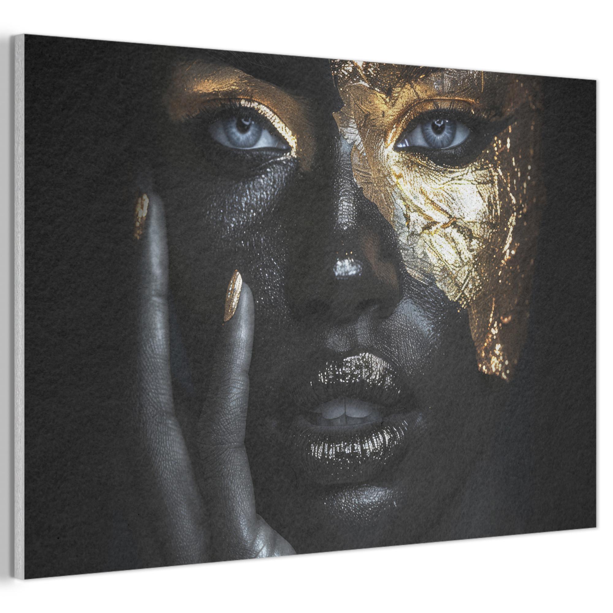 AKUSTIKBILD Frau - Gold - Porträt - Schwarz-Weiß - Luxus Akustikpaneele 90x60 cm - Hellblau, Kunststoff (90/60/0.9cm) - MuchoWow