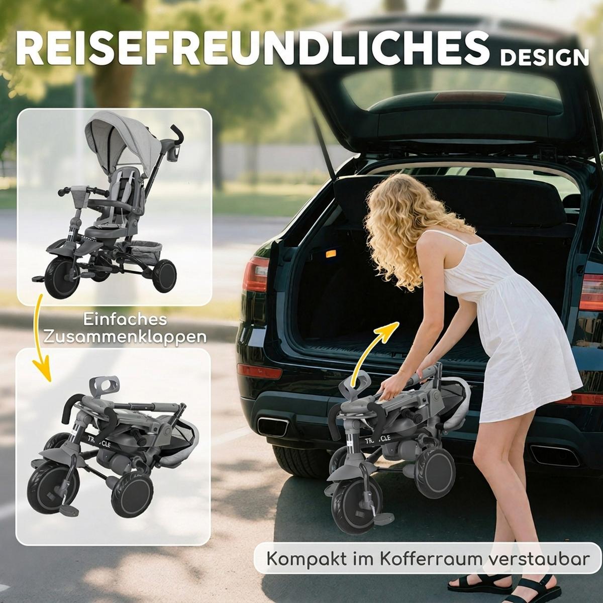 DREIRAD 6in1 mit Schubstange für 1-5 Jahre Kinderdreirad mit drehbarem Sitz Grau - Grau, Metall (111.5/52/98cm) - AIYAPLAY