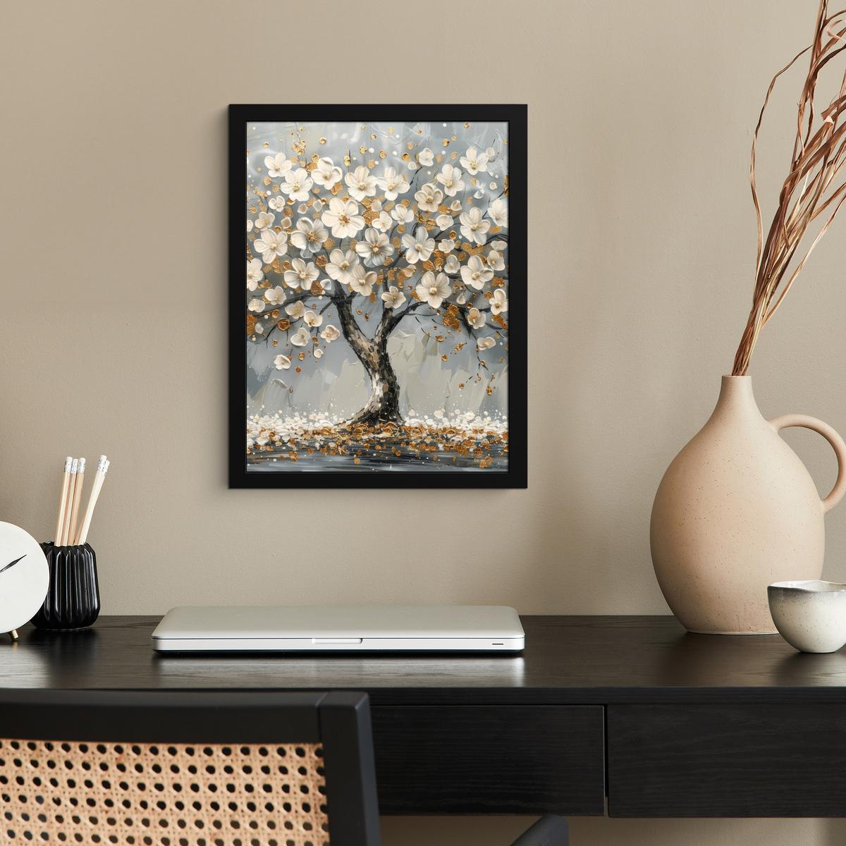 POSTER MIT RAHMEN Baum - Blumen - Weiß - Natur - Kunst Bilderrahmen 30x40 cm - Weiß, Papier (30/40cm) - MuchoWow