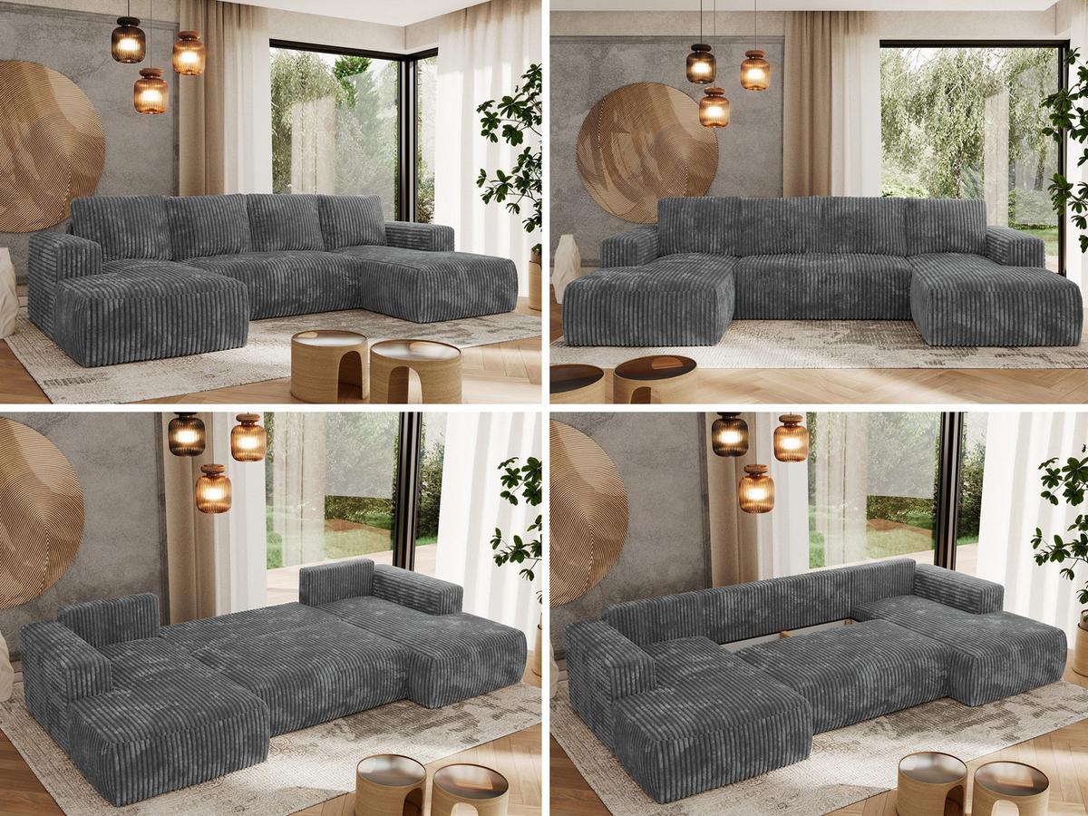 WOHNLANDSCHAFT TRENTINO U Dunkelgrau Cord - Dunkelgrau/Schwarz, Kunststoff/Textil (334/91/163cm) - MKS