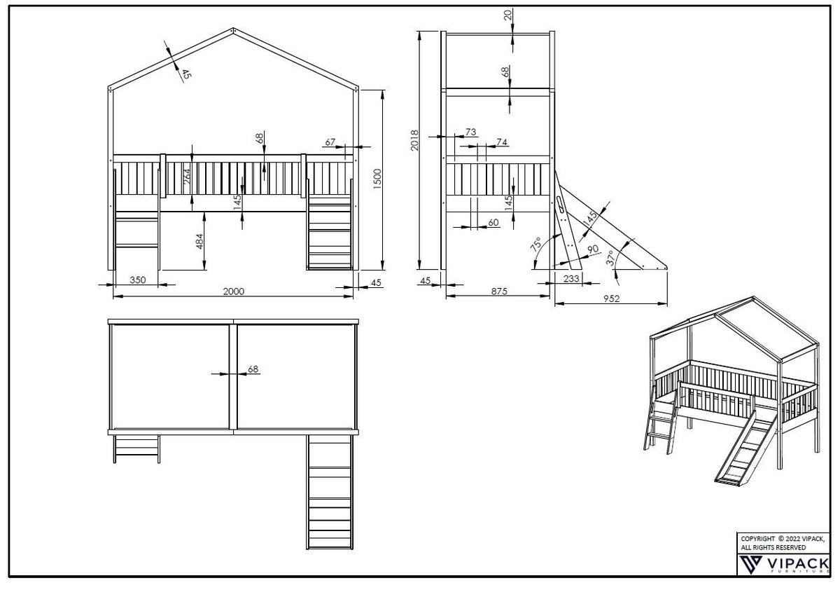 HAUSBETT mit Rutsche Kapua 209x202x192 aus Massivholz in Weiß - Weiß, Holz (90/200cm) - 58aufmkessel