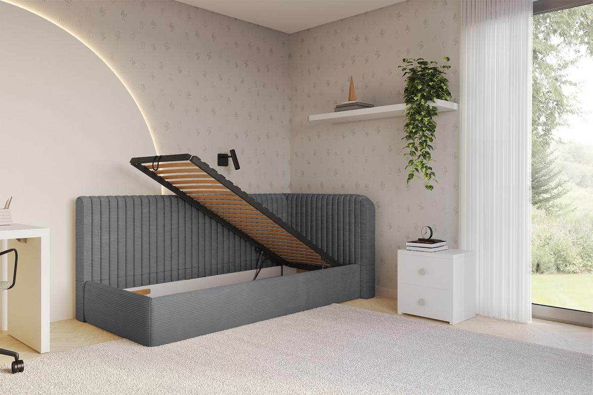 EINZELLBETT Jugendbett mit Bettkasten und Matratze H3/H4, Links - AURY 90x200 Dunkelgrau - Graphitfarben, Holzwerkstoff/Textil (90/200cm) - ALTDECOR