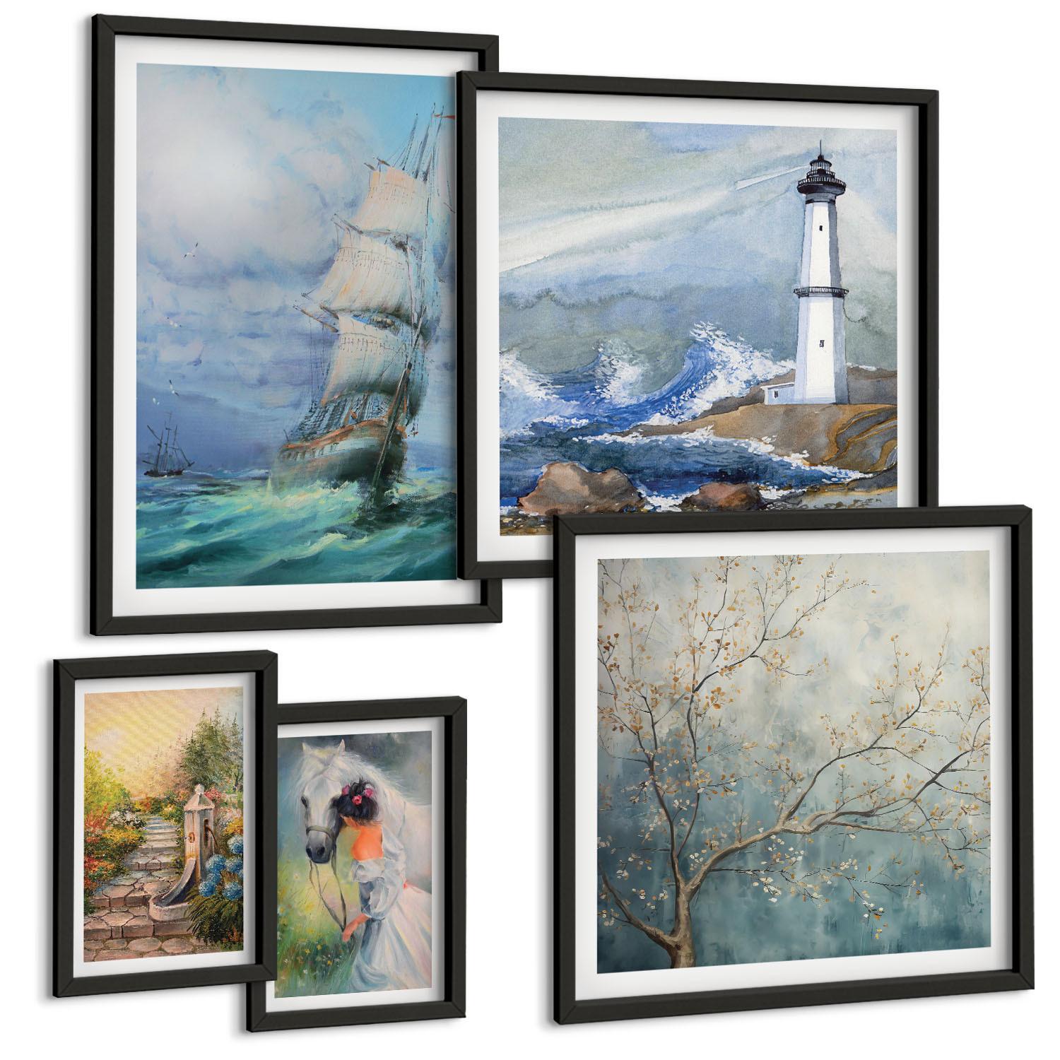 BILDER SET 5er Set - 50x50 cm & 20x30 cm & 40x60 cm Schwarzer Rahmen - Familienillustrationen Hausschilder - Schwarz, Kunststoff (40/60cm) - TULUP