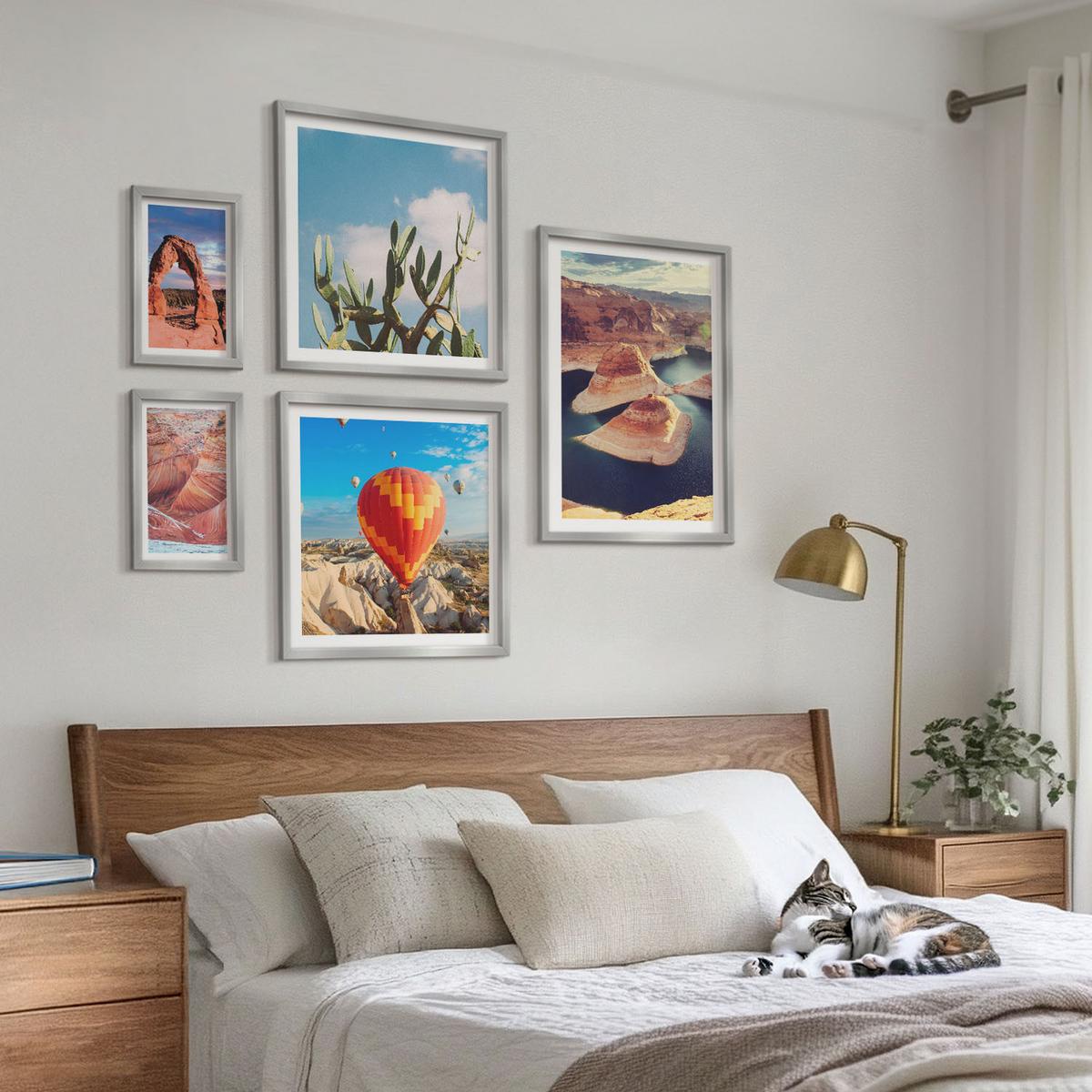 BILDER SET 5er Set - 50x50 cm & 20x30 cm & 40x60 cm Silberner Rahmen - Berge, Seen, Wälder, Wege - Silberfarben, Kunststoff (40/60cm) - TULUP