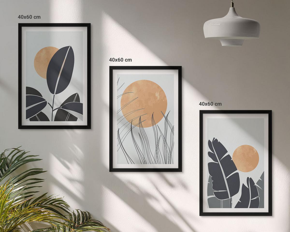 BILDER SET 3er Set - 40x60 cm Schwarzer Rahmen - Pflanzenmuster große Sonnen minimalistisch - Schwarz, Kunststoff (40/60cm) - TULUP