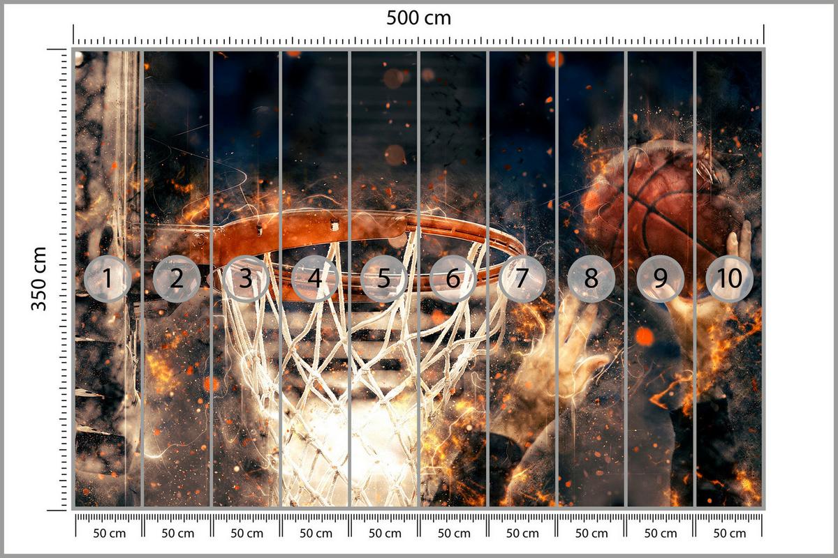 FOTOTAPETE für Jugendzimmer Aquarell Basketball Dunk Sport 500x350 - Beige/Schwarz, Papier (500/350cm) - Muralo