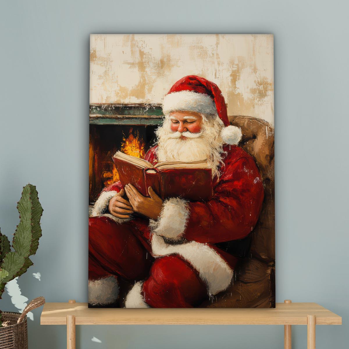 LEINWANDBILD Weihnachten - Weihnachtsmann - Winter - Open Fireside Wanddeko Schlafzimmer 60x90 cm - Dunkelrot, Textil (60/90cm) - MuchoWow
