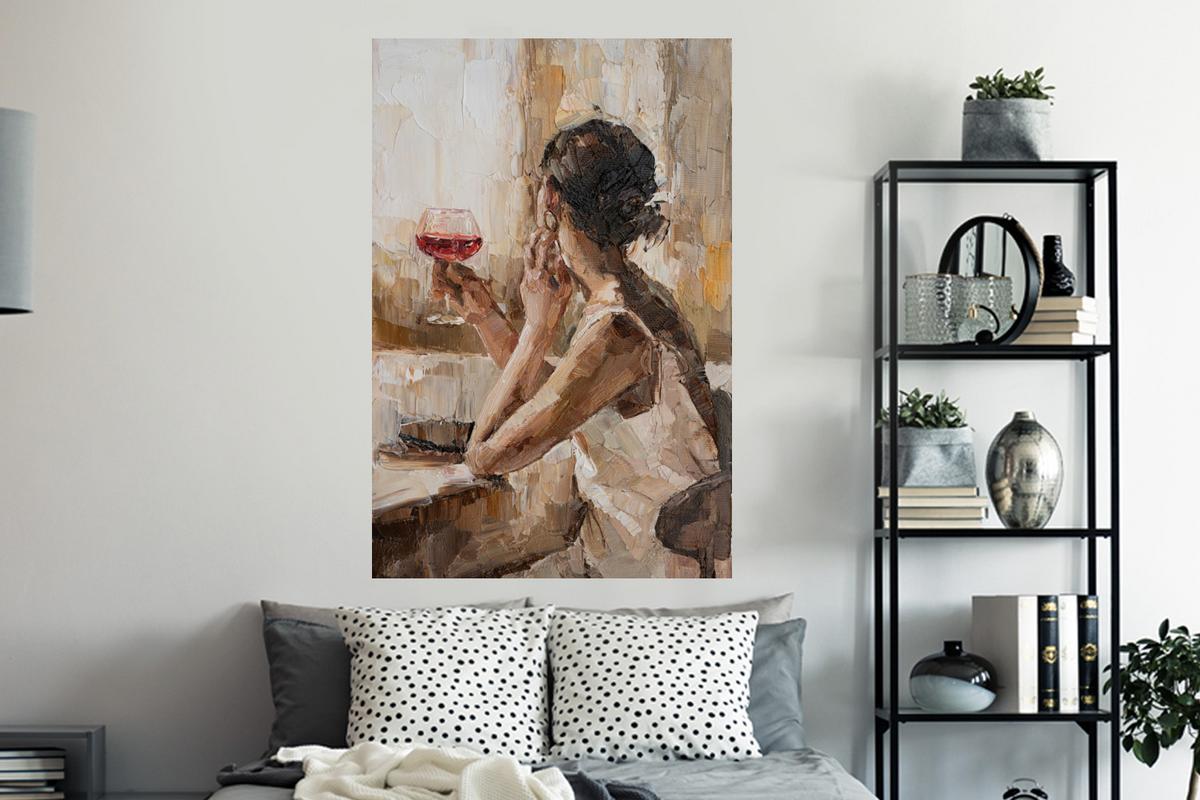WANDTATTOO Ölgemälde - Frau - Wein Wandaufkleber 80x120 cm - Hellbraun, Kunststoff (80/120/0.1cm) - MuchoWow