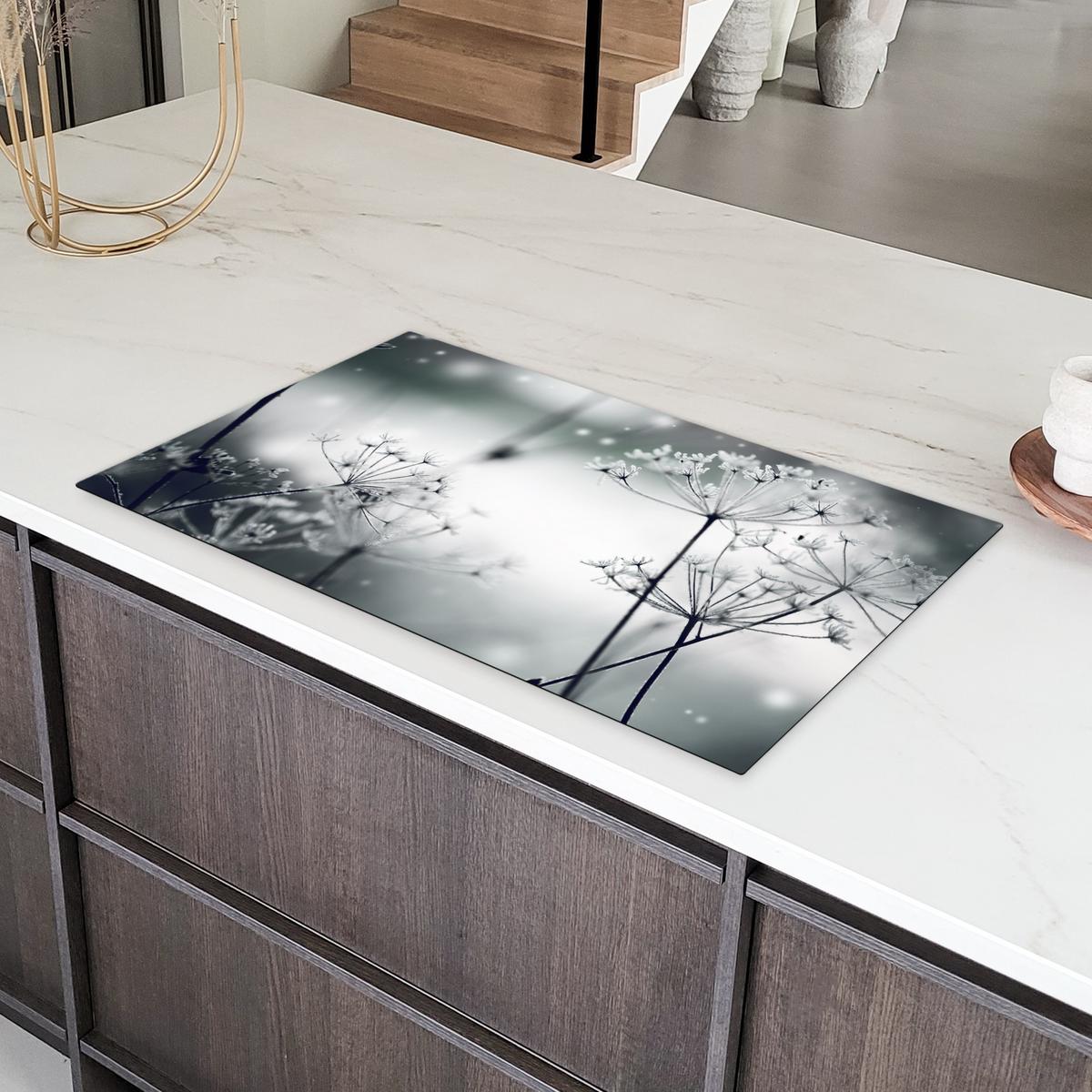 HERDABDECKPLATTE Blumen - Winter - Schnee - Natur Induktionsschutz 91.6x52.7 cm - Grau, Kunststoff (91.6/52.7/0.2cm) - MuchoWow