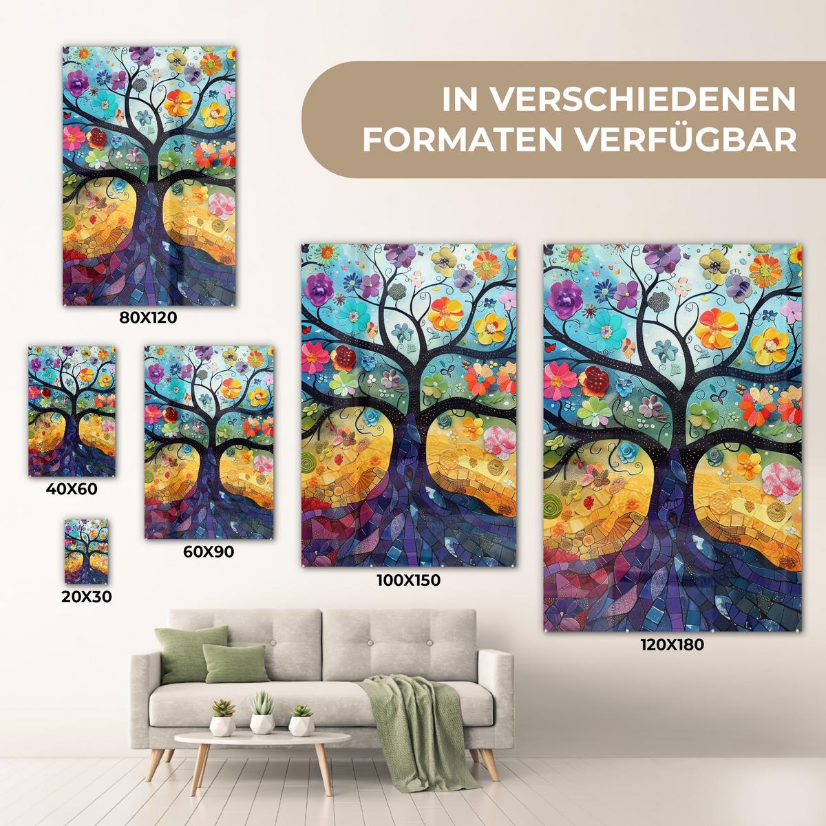 ACRYLGLASBILD Kunst - Baum des Lebens - Blumen - Hippie 80x120 cm - Dunkelblau, Glas (80/120cm) - MuchoWow