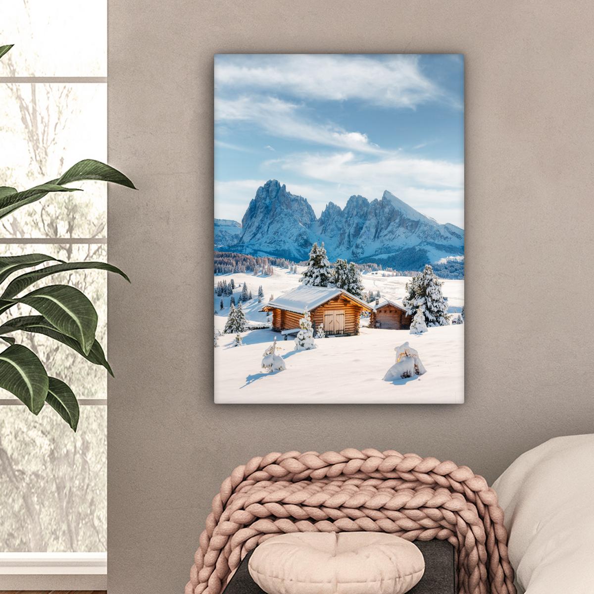 LEINWANDBILD Winter - Hütte - Berge - Aussicht - Schnee Wandbild Wohnzimmer 60x80 cm - Eichefarben, Textil (60/80cm) - MuchoWow