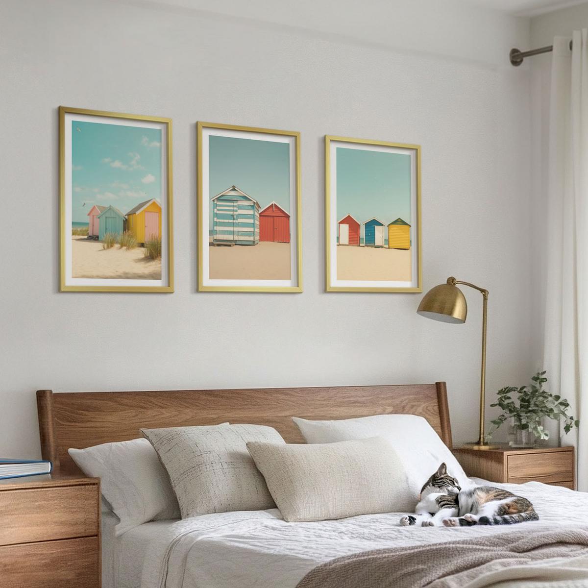 BILDER SET 3er Set - 40x60 cm Goldrahmen - Bunte Häuser, Strand, Sonne - Goldfarben, Kunststoff (40/60cm) - TULUP