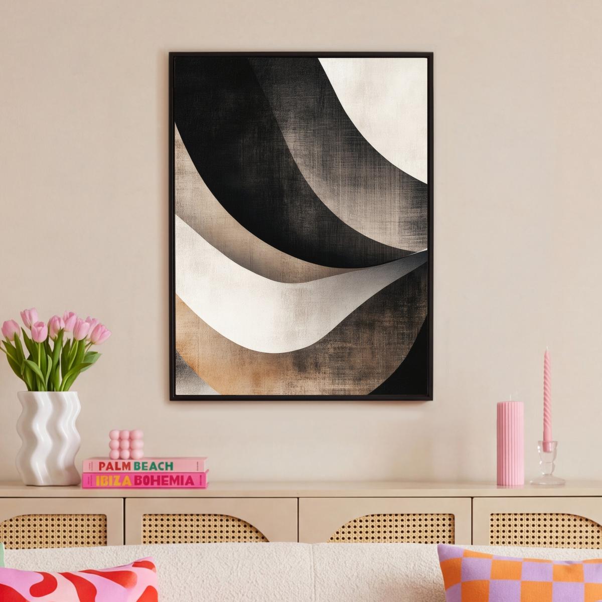 LEINWAND Bilder mit Rahmen - Abstrakt - Wellen - Schwarz - Verwittert - 70x100 - Trüffeleichefarben, Textil (70/100cm) - MuchoWow