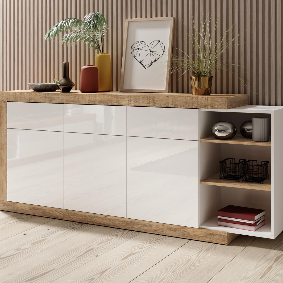 SIDEBOARD SINFONIA 200/86/40 cm mit 3 Schubladen und 3 Türen Eichefarben - Eichefarben/Weiß, Holzwerkstoff (200/86/40cm) - MASSENO