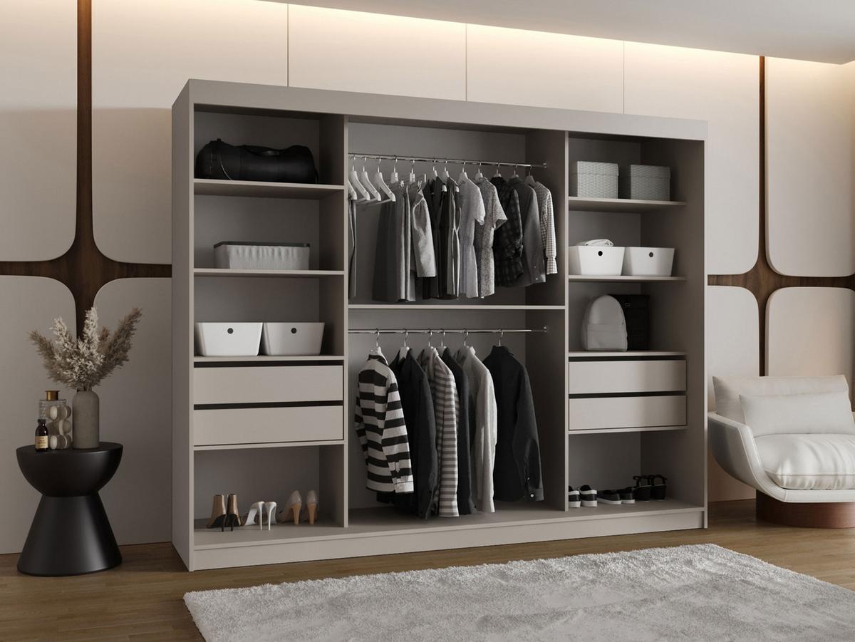SCHWEBETÜRENSCHRANK Bahrajn 250 mit Schubladen - Kaschmir/Silberfarben, Holzwerkstoff/Kunststoff (250/200/62cm) - MIRJAN24