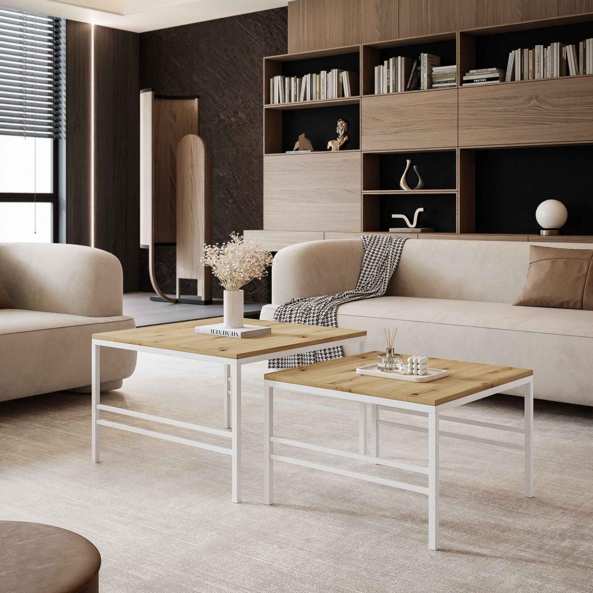 COUCHTISCH Wotan Eiche Weiße Rahmen - Naturfarben/Weiß, Holzwerkstoff (70/70/46cm) - Idohome