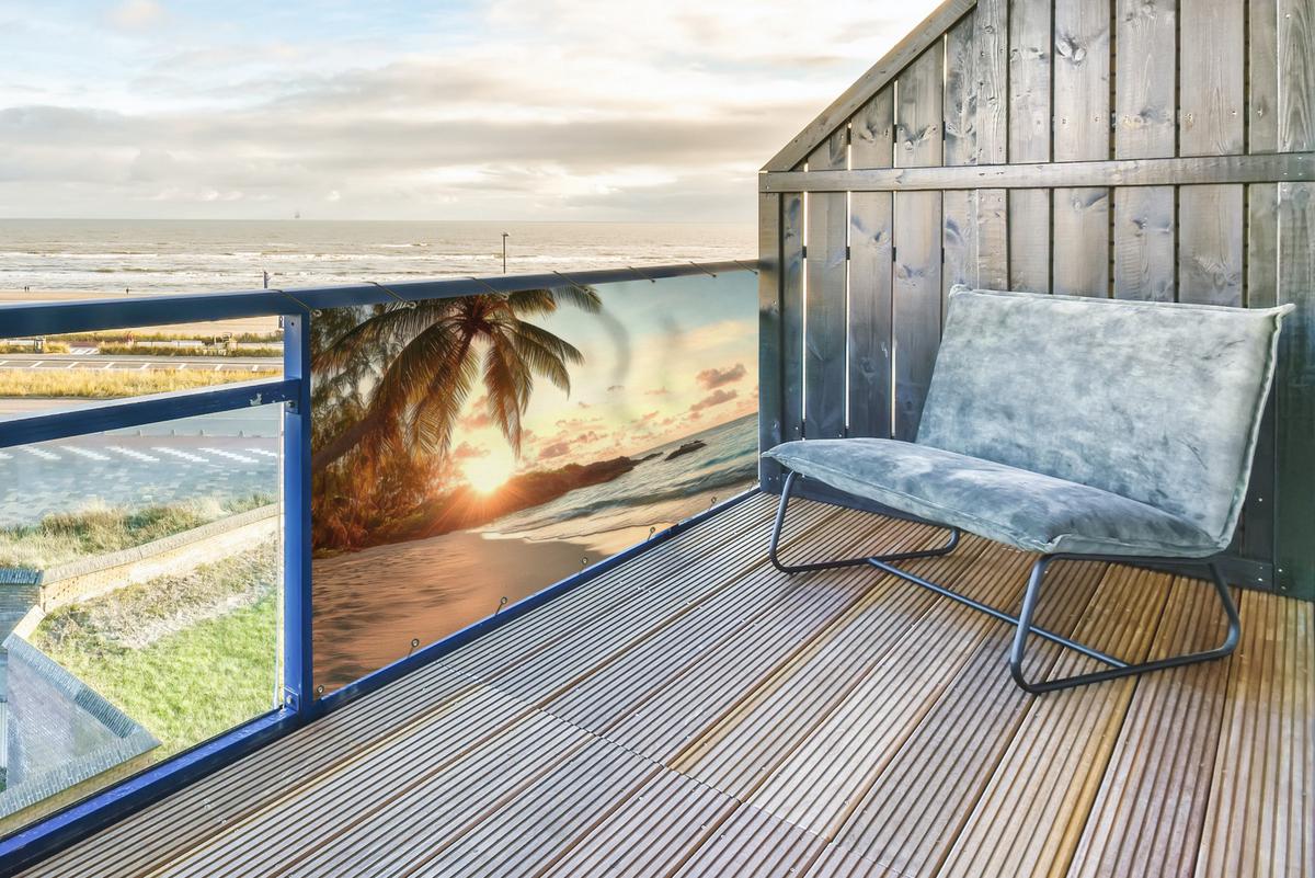BALKON-SICHTSCHUTZ Strand - Palmen - Meer - Sonnenuntergang Witterungsbeständig 200x110 cm - Samtahornfarben, Kunststoff (200/110cm) - MuchoWow