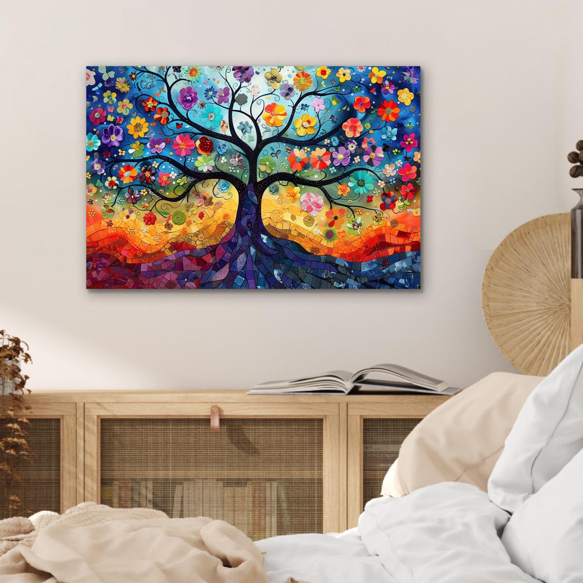 METALLBILD Kunst - Baum des Lebens - Blumen - Hippie Wandbild 60x40 cm - Dunkelblau, Metall (60/40cm) - MuchoWow
