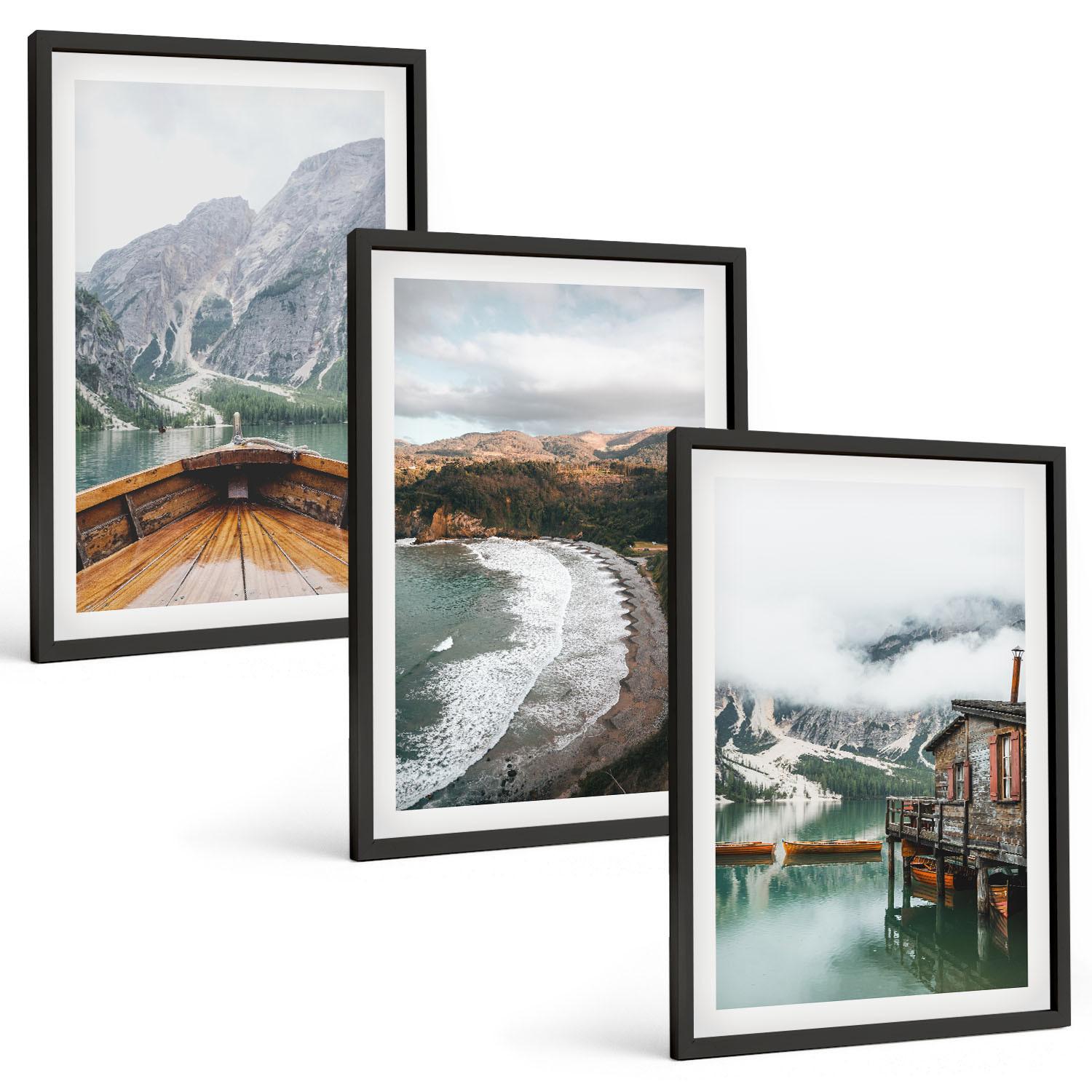 BILDER SET 3er Set - 40x60 cm Schwarzer Rahmen - Berge, See, Boot, Strand, Landschaft - Schwarz, Kunststoff (40/60cm) - TULUP