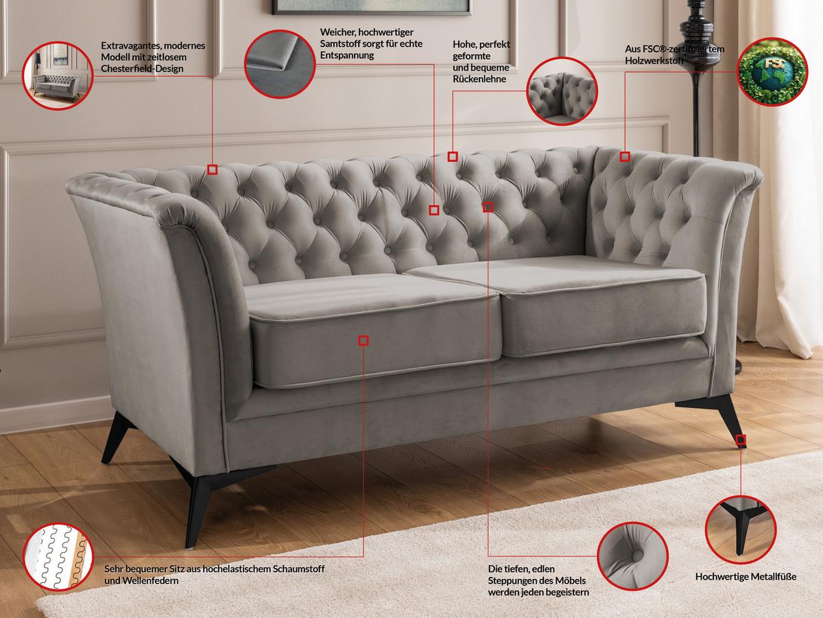 CHESTERFIELD-SOFA 2-sitzer Whitby Grau Samt mit schwarzen Füßen - Schwarz/Grau, Holz/Textil (175/78/82cm) - S-Style Möbel