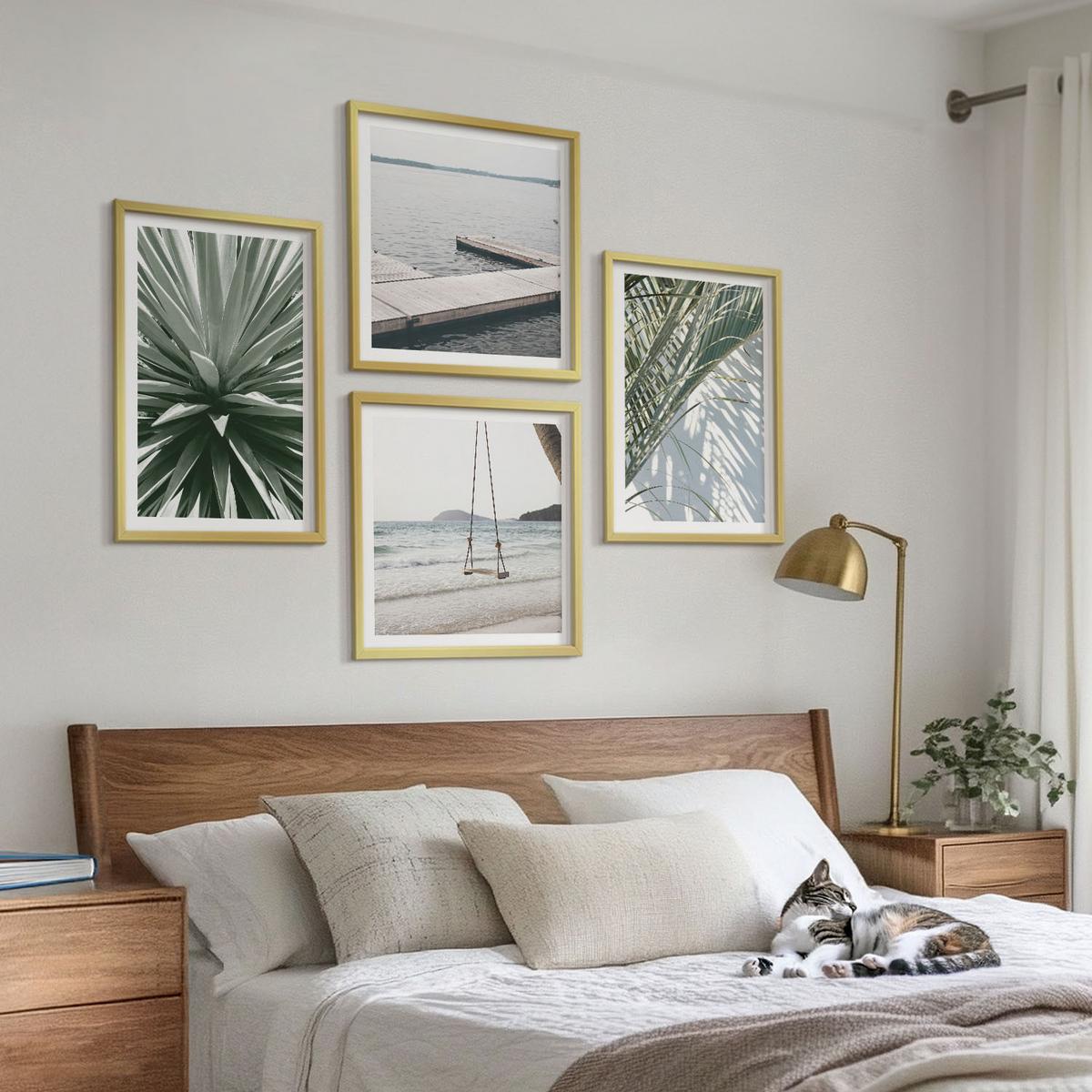 BILDER SET 4er Set - 50x50 cm & 40x60 cm Goldrahmen - Hängebrücke aus Palmenblättern - Goldfarben, Kunststoff (50/50cm) - TULUP