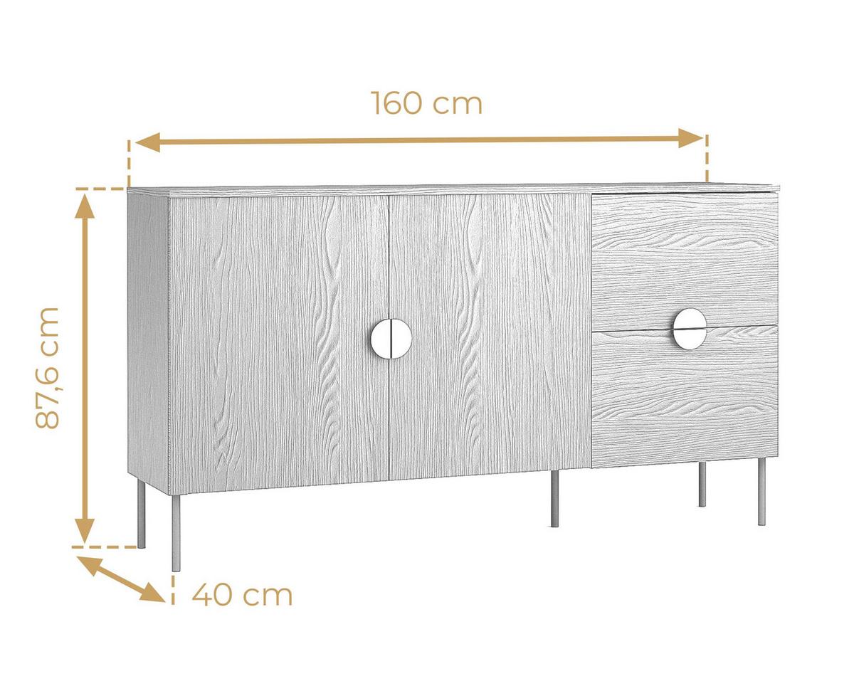 SIDEBOARD Brunelli 2T 2S Eiche Baltic 160/87,6/40 cm – mit geräumigen Schubladen - Eichefarben/Schwarz, Holzwerkstoff/Metall (160/87.6/40cm) - AX Living