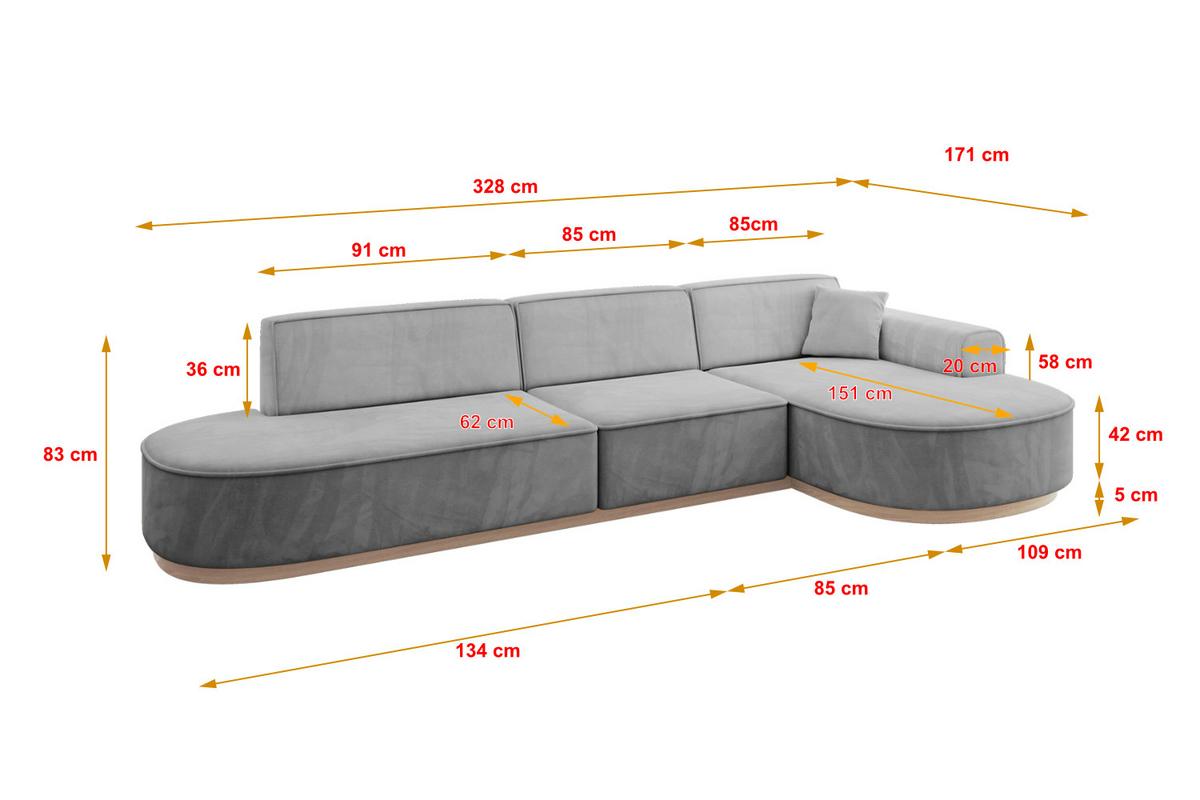 ECKSOFA Ottomane Rechts MARI-L2-v1 - 328x171x83 cm Grau Velours - Grau, Holzwerkstoff/Textil (171/328cm) - ALTDECOR