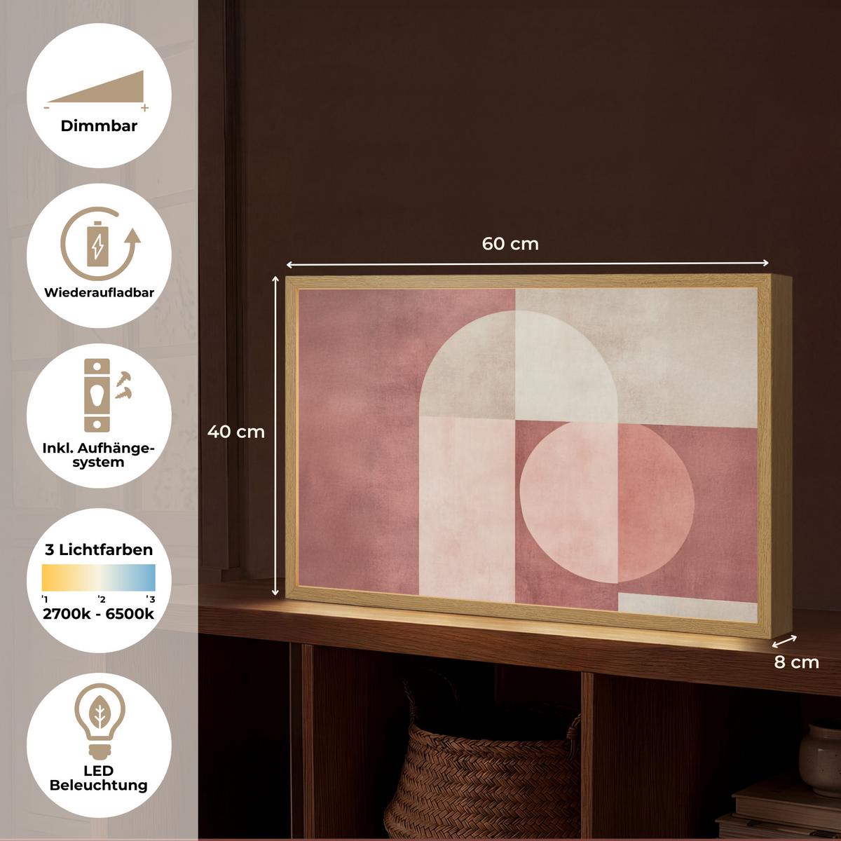 WANDLEUCHTE MIT AKKU Figuren - Abstrakt - Rosa 60x40 cm - Altrosa, Holzwerkstoff (60/40/8cm) - OnlyWow
