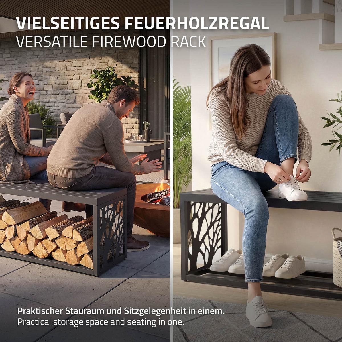 KAMINHOLZREGAL Innen/Aussen mit Sitzbank Metall Brennholzregal Anthrazit 120x38x43 cm Stahl Verzinkt Zweige-Motiv - Anthrazit, Metall (120/43/38cm) - ML-DESIGN