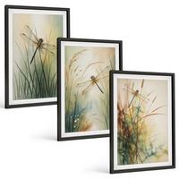 BILDER SET 3er Set - 40x60 cm Schwarzer Rahmen - Libellengräser über dem Wasser - Schwarz, Kunststoff (40/60cm) - TULUP