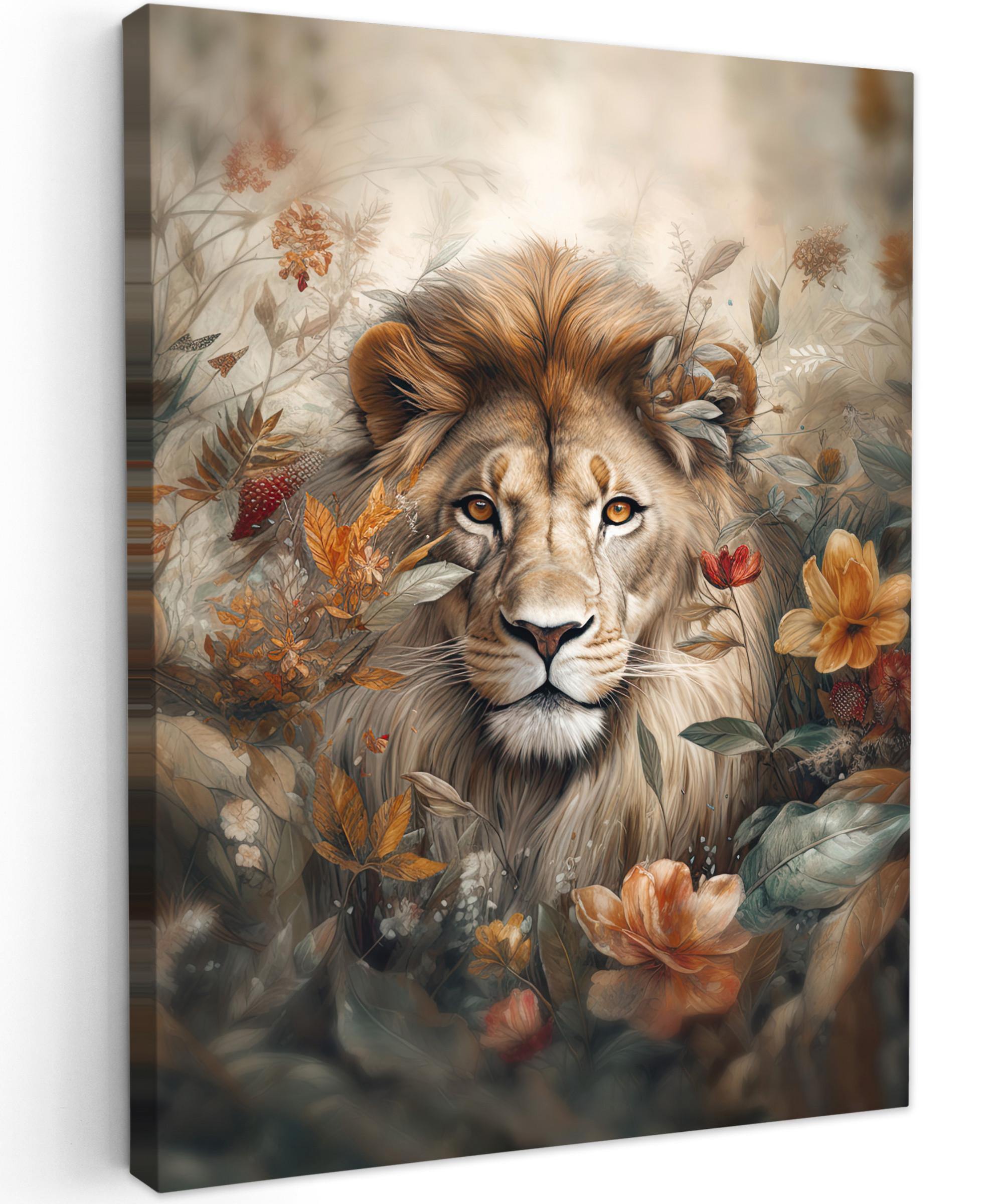 LEINWANDBILD Löwe - Wildtiere - Pflanzen - Natur - Blumen Room Decor 30x40 cm - Beige, Textil (30/40cm) - MuchoWow