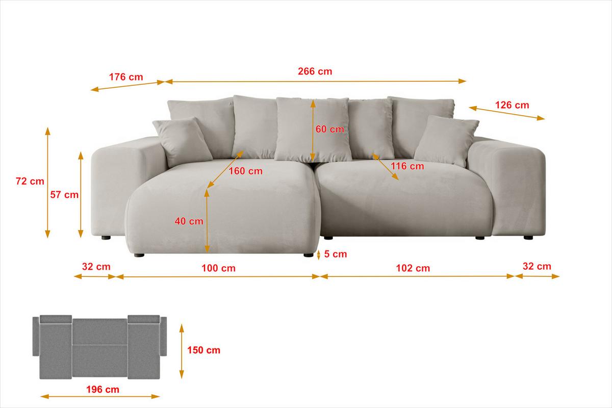ECKSOFA Ottomane rechts ESKAR-L 266x176x72 Hellbraun Velours - Hellbraun/Schwarz, Holzwerkstoff/Kunststoff (176/266cm) - ALTDECOR
